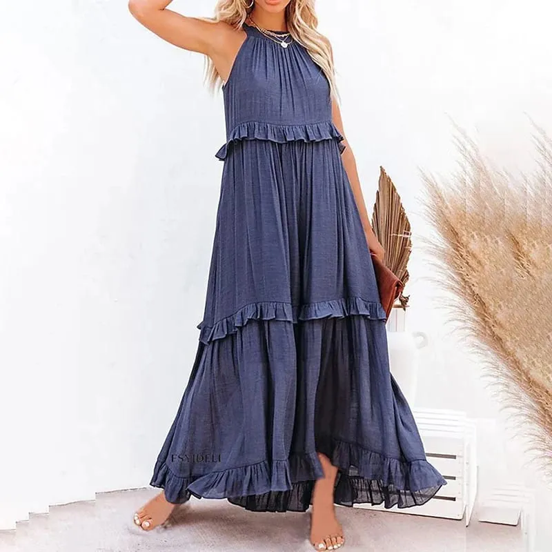 Women Casual Ruffles Long Dress 2026 Summer Elegant Sleeveless Sundress Elegant Harajuku Maxi Dress Beach Party Evening Vestido