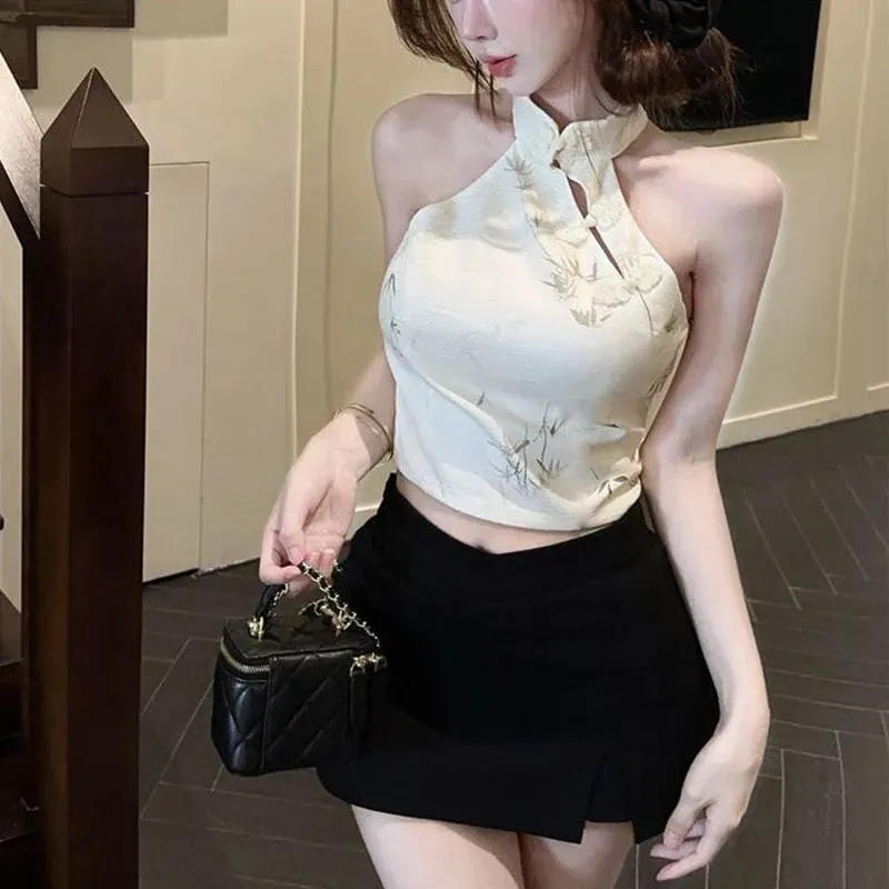 Summer Elegant Vintage Woman Clothing Print Halter Sleeveless Design Camis Tops Retro New Fashion Female Button Casual Chic Tops