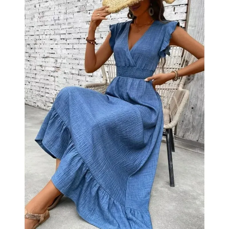 Women Maxi Dress 2026 New V Neck Denim Blue Long Dress Casual Loose Ruffle Hem Sundress for Summer Beach Vacation Daily Wear