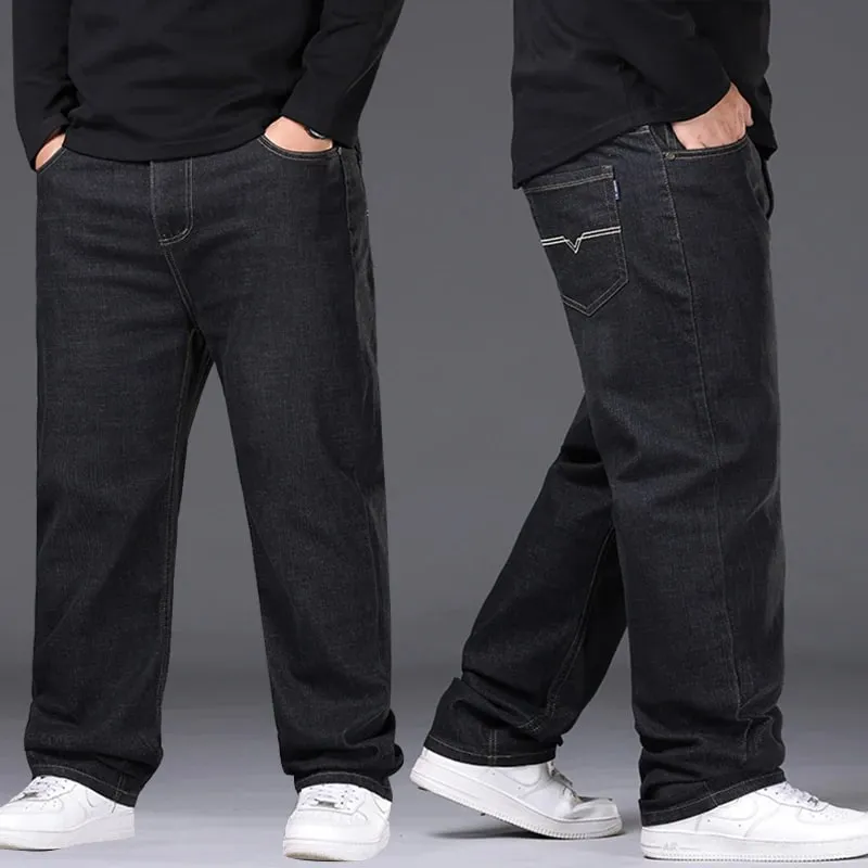 42-50 Plus Size Men's Jeans Business Casual Denim Pants High Waist Straight Leg Loose Elastic Comfortable Trousers Male Clothing