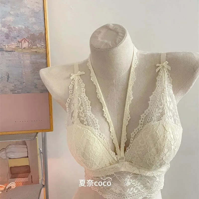 French Lace Wide Strap Thick Top Inner Lace Layer No Underwire Bra Set Petite Women Small Bust Comfort Lingerie Set 32-38 S-XL