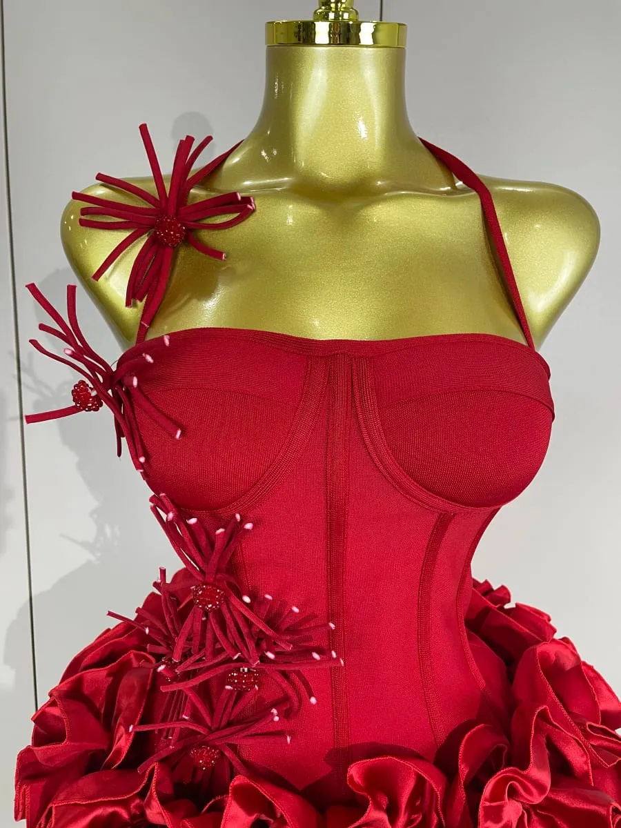 Sexy Halter Prom Gown Celebrity Club Two Piece Set Cocktail Elegant Women Fashion Luxury Birthday Party Red Black Bandage Outfit
