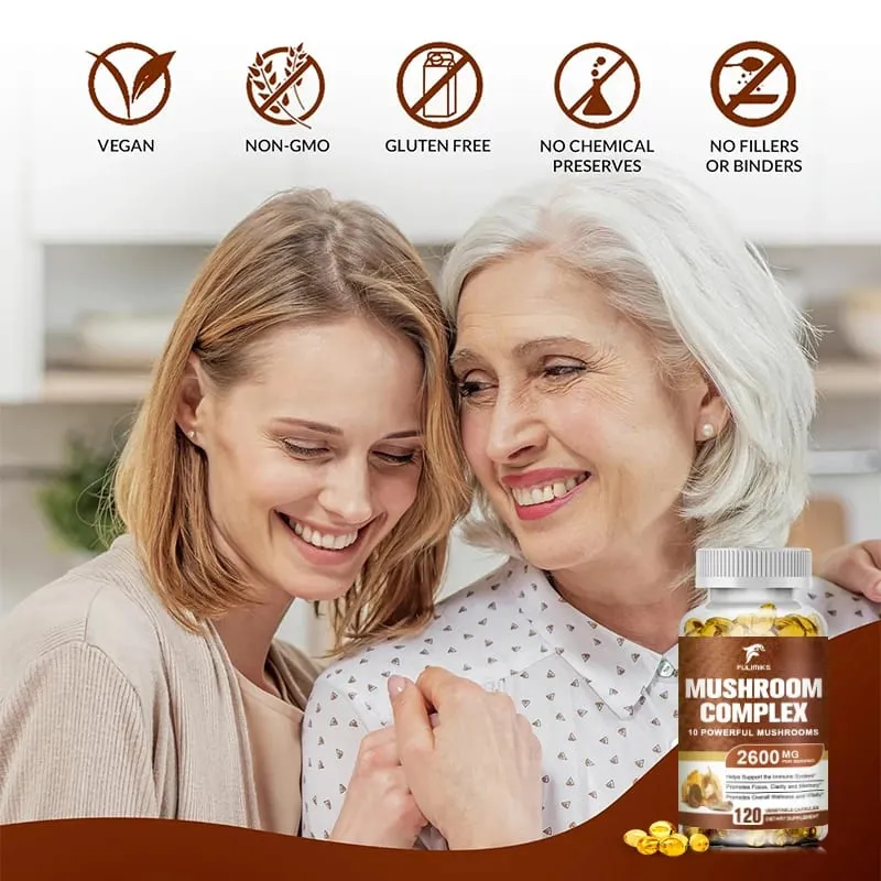 Organic Mushroom Capsules 2600MG with Lion's Mane Reishi & Cordyceps Supports Immunity Brain Focus Memory & Energy