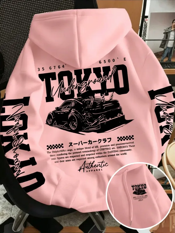 Autumn Winter New Men'S Tokyo Underground Racing Line Drawing Print Hooded Sweatshirt Japanese Street Trendy Top