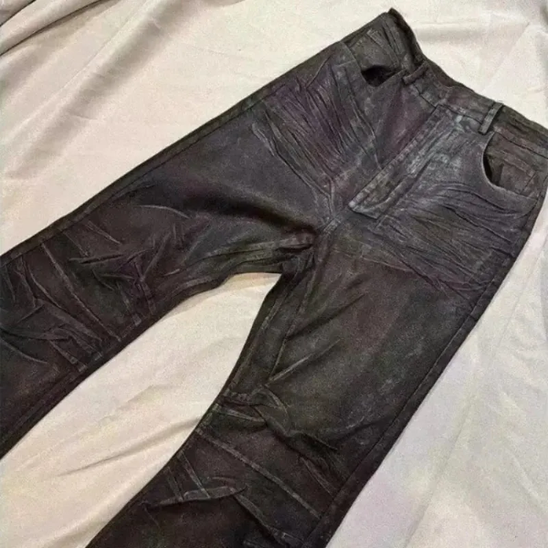 American Retro Heavy Industry High Street Coated Micro-Flared Jeans for Men Black Gothic Vintage Casual Loose Jeans Autumn New