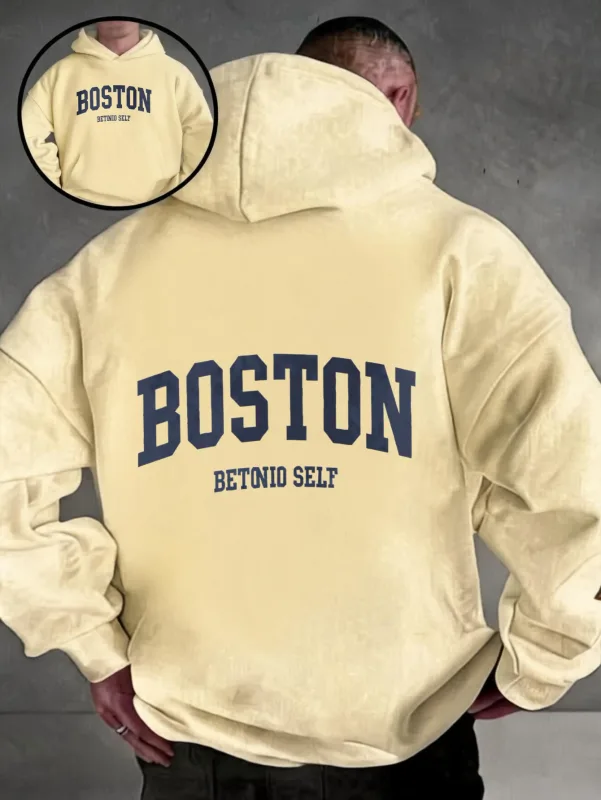 Oversized colorful hoodie, streetwear-style pullover, Boston Betonio back-print design, unisex casual wear, plus size.