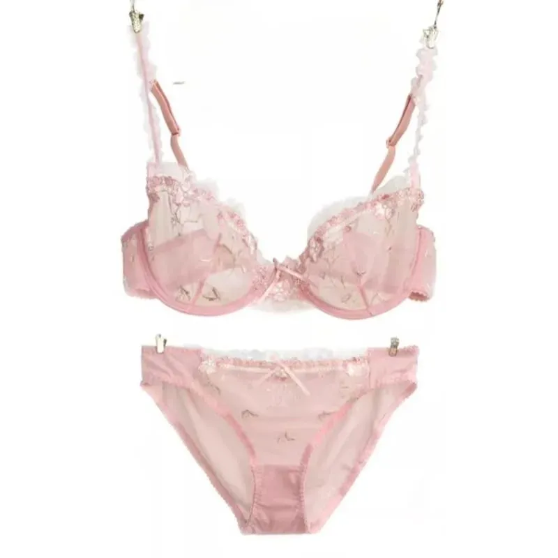 Ultra-thin steel band bra fashionable plus-size lace lingerie set transparent comfy bra set soft material S-XL all-day wear