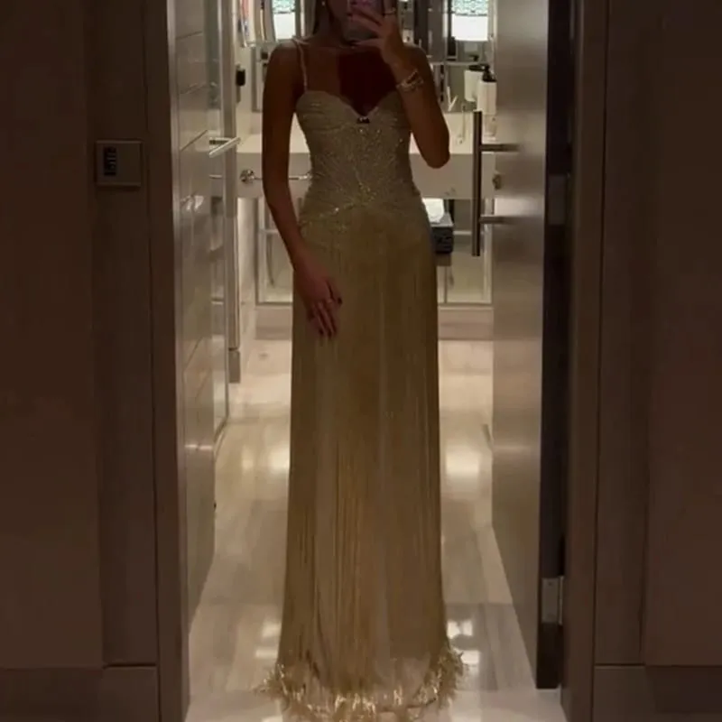 Sexy Off Shoulder Sleeveless Suspender Dress Women's Elegant High Waist Slim Tassel Long Dress Fashion Draped Solid Long Dress