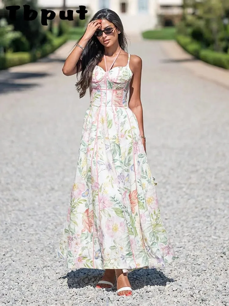 Elegant Printed Women's Dress Sleeveless Halter Waist-Closed A-Line Lady Dresses 2026 Spring Summer Fashion Female Vacation Robe — image 2