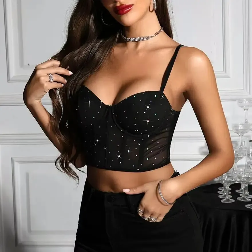 Women Y2K Fishbone Corset Crop Top Sexy Sheer Mesh Lace Up Bustier Tank Top Glitter Nightclub Party Sleeveless Spag
