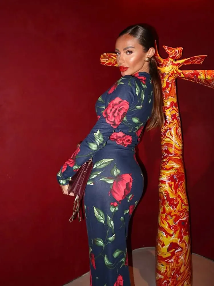 Ahagaga Fashion Women's Maxi Dresses Print Sexy Turtleneck Regular Long Sleeves Fishtail Autumn Sheath Bodycon Trend Vestidos