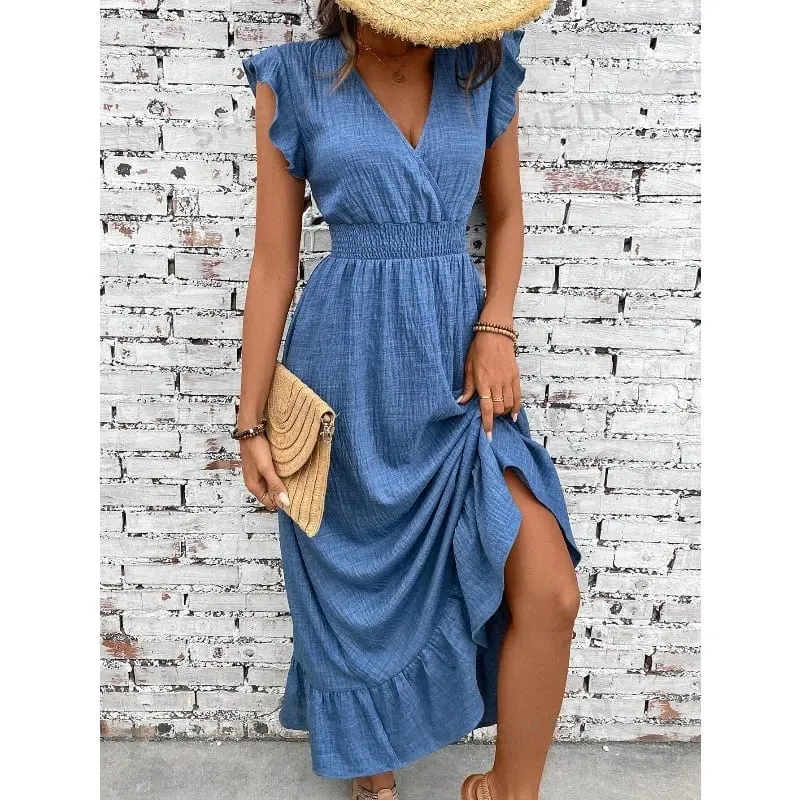 Women Maxi Dress 2026 New V Neck Denim Blue Long Dress Casual Loose Ruffle Hem Sundress for Summer Beach Vacation Daily Wear