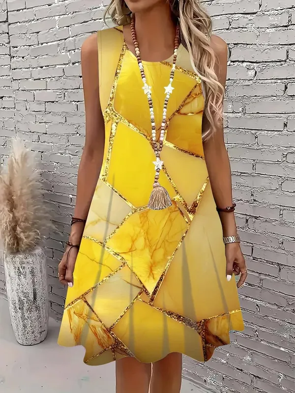 2026 Summer Women's Sleeveless Dresses Knee-Length Round-Neck Dresses Beachy Casual Dresses 3D-Printed Loose-Fitting Dresses