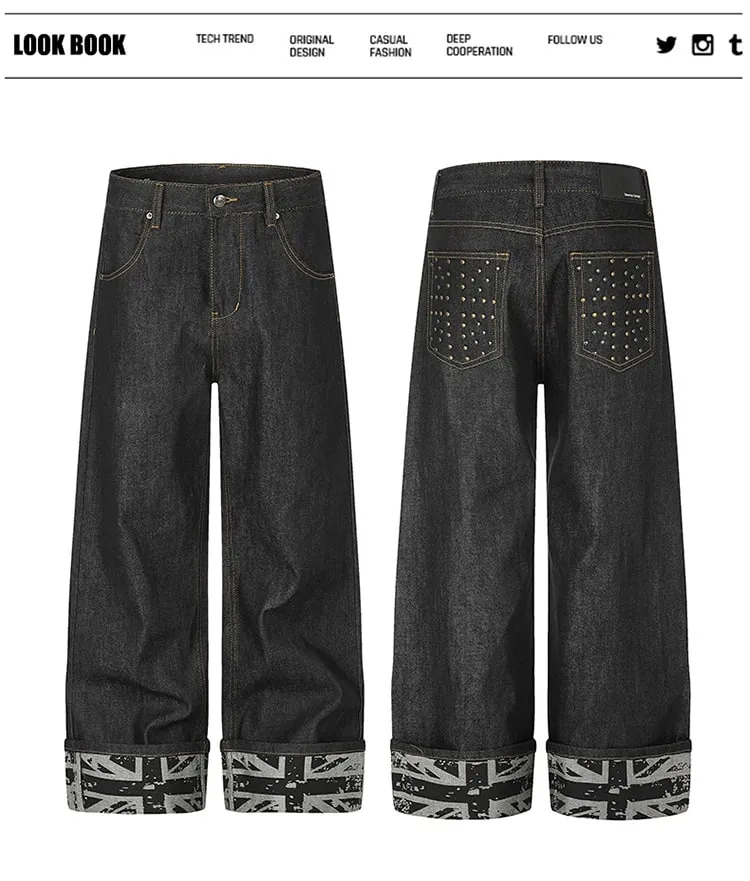 Men Raw Denim Wide‑Leg Jeans Rivet Decor Back Pockets Cuffed Hem Print Punk Streetwear Straight Long Pants 9X4317