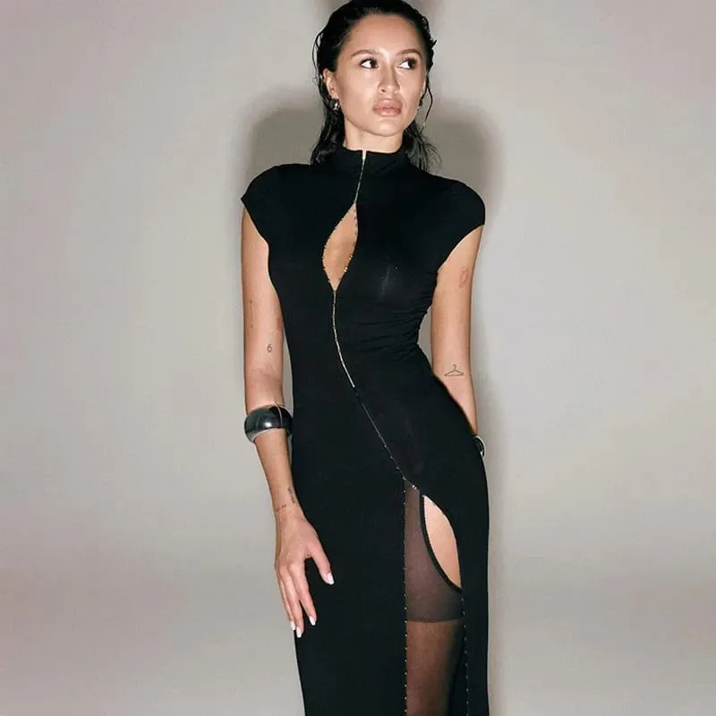 Chic Black Hollow Out Slit Dress Women Fashion Short Sleeve Solid High Neck Slim Fit Maxi Dresses Lady Evening Party Club Robe