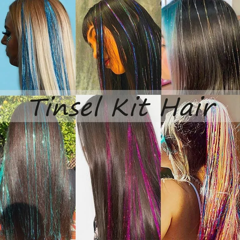 Sada umělých vlasů Tinsel Kit 48palcová Barevná víla Tinsel prodlužování vlasů tepelně odolná s lesklými vlasy Příslušenství pro ženy