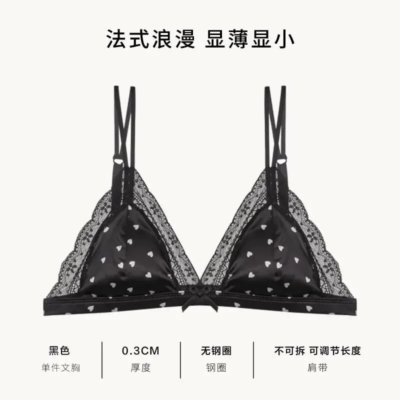 Elegant French Sweet Satin Lace Triangle Bra Pure Sexy Coquette Look Wirefree Small Bust Gathered Effect Thin Cup Bow Lingerie