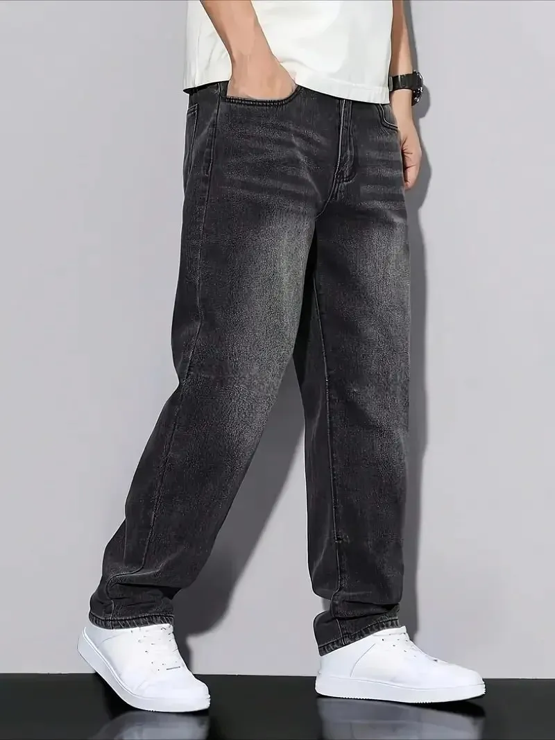 Men's Black Washed Loose-Fit Jeans Straight-Leg Casual Streetwear Trousers for Daily Wear Comfortable Denim-Like Pants