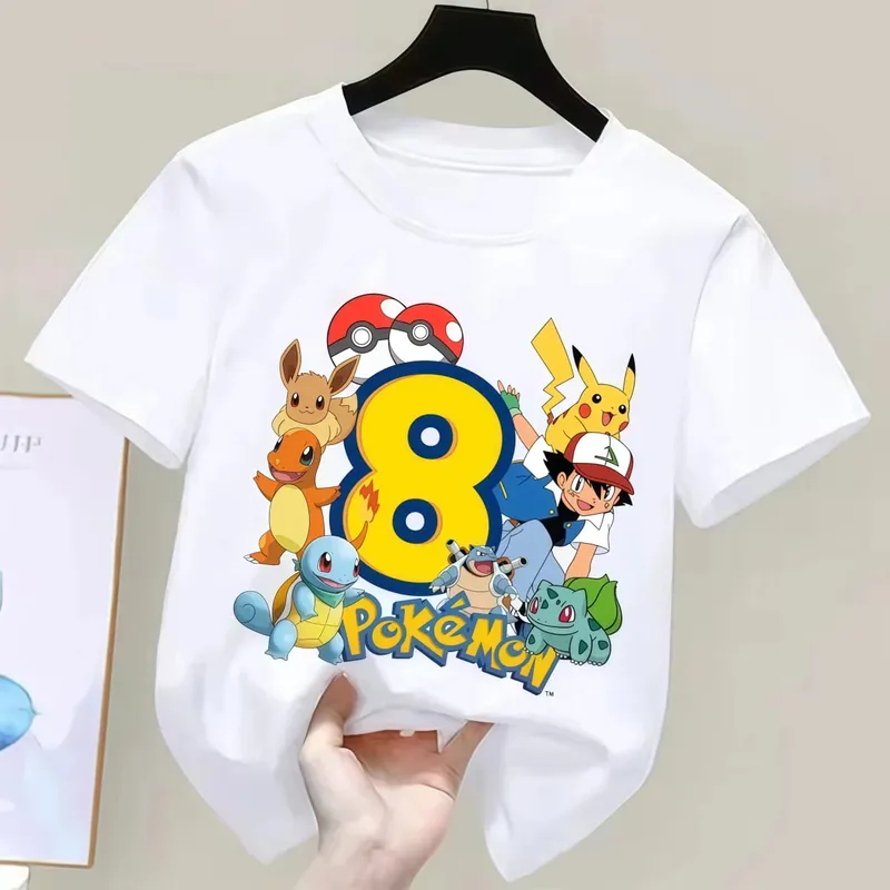 2026 Pikachu Kids Children T Shirts Birthday Number 1-9 Printed T Shirt Boys Girls Summer Short Sleeves Tops Children Clothing