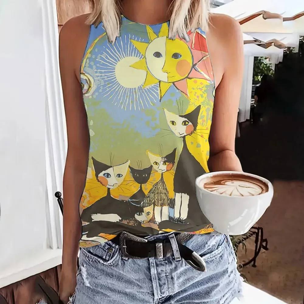 Débardeur d'été imprimé visage drôle de chat en 3D pour femmes, Streetwear à la mode, surdimensionné, col rond, gilet, épaules dénudées, sans manches, Camisole