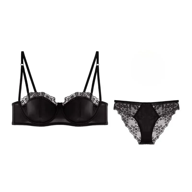 Sexy French Lace Gathered Cup Bra Set Semi Cup Design For Petite Women Lightweight Breathable Comfort Lingerie Set Sizes 32-38