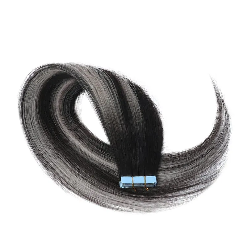 MRS HAIR Tape-In Hair Extensions 12-24 Inch 20pcs Natural Human Hair Real Extension T1B Gray Skin Weft Adhesive Tape Ins