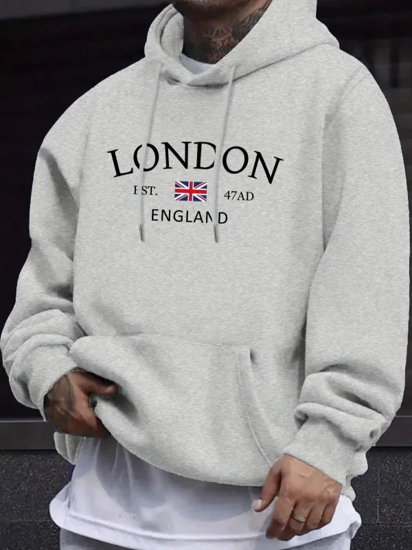 London Fashion Print Hoodies For Men Casual Autumn Winter Casual Sweatshirt Kangaroo Pocket Long Sleeve Autumn/Winter Simple