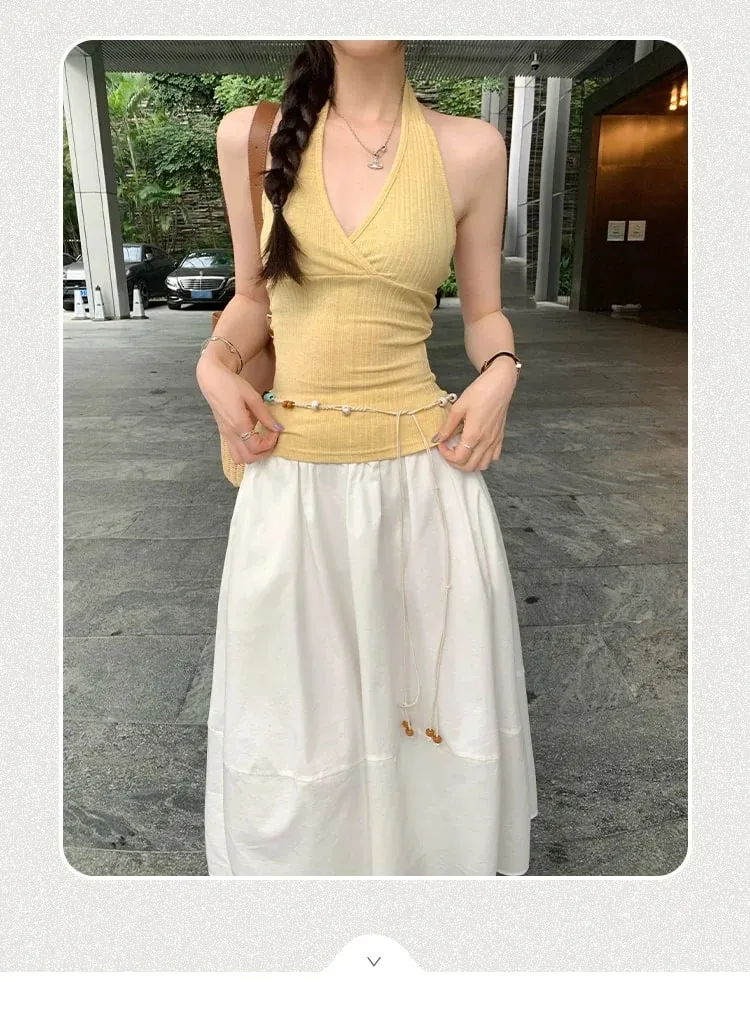 2026 Summer New Outer Wear Tank Top Spice Girl Style Halter Cross V Neck Women Camisole Korean Style Solid Color Crop Top