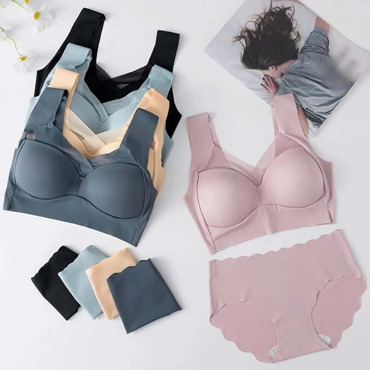 Women Seamless Underwear Set Wireless Ice Silk Thin Back Beauty T Shirt Bra And Smooth Panty Set Solid Color Lingerie Suits