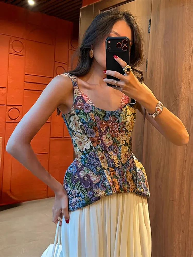 Floral Print Cami Corset Top Thin Straps U Neck Structured Waist Pointed Hem Vintage 2026 Spring Summer Vacation Lady Chic Top