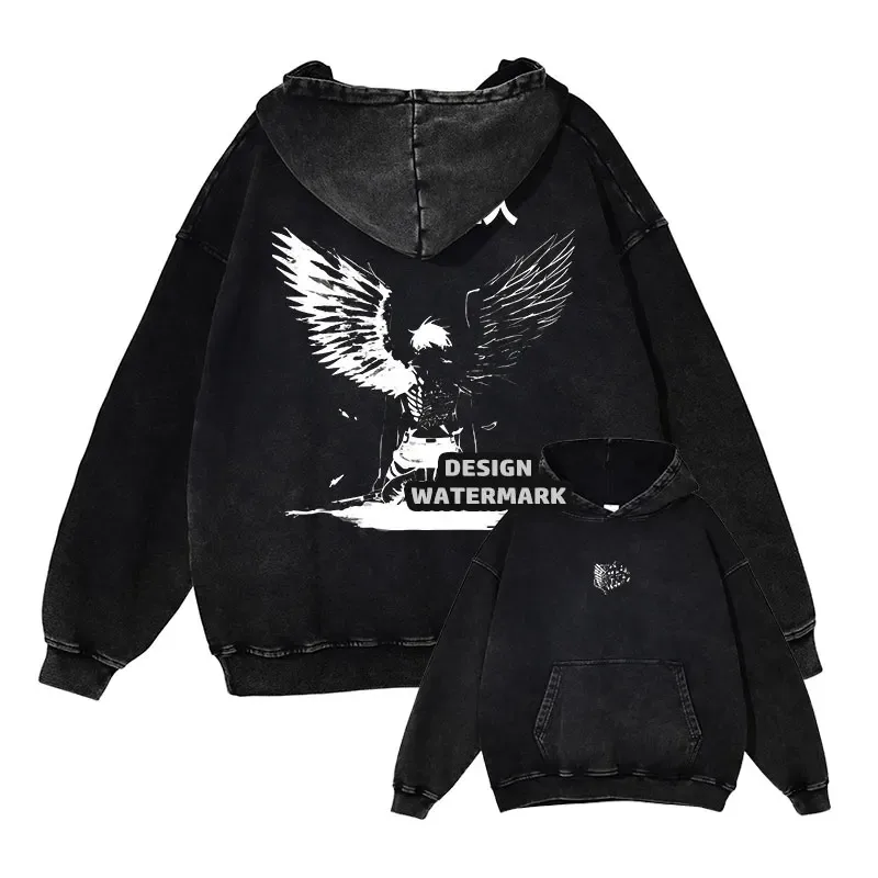 Anime Levi Hoodies Vintage Washed A-Attack on Titan Hoodie Casual Manga Yeager Eren Kapuzenpullover Titan Attack Pullover