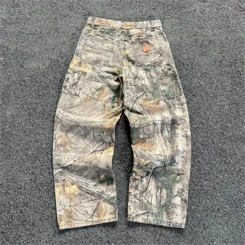 Mænds gren Camouflage jeans i amerikansk stil Gamle vaskede brede ben Retro løs mode trend Street straight jeans Camo bukser Y2K