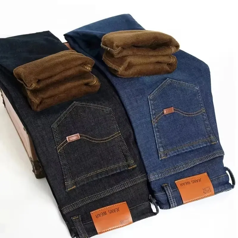 Men's Reflective Fleece-Lined Jeans - Thick Warm Lining Durable Denim & Reflective Trim Safe for Winter Night Commute & Casual