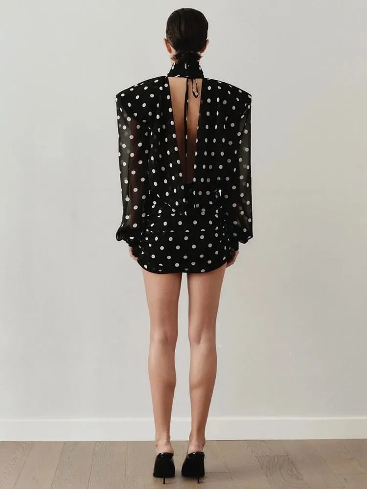 Nibber See Through Mini Dress Woman Turtleneck Mesh Full Sleeve Polka Dot Print Skinny Peach Hip Street Ruched Elegant Bodycon