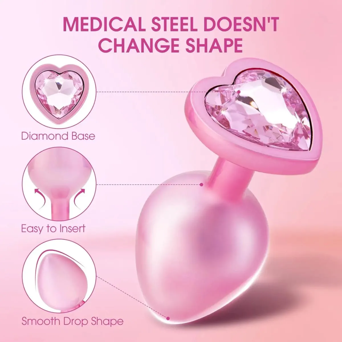 Crystal Diamond Heart Base Metal Butt Plug 3 Sizes Anal Plug Anal Trainer for Beginners Unisex Prostate Massage Adult Sex Toys