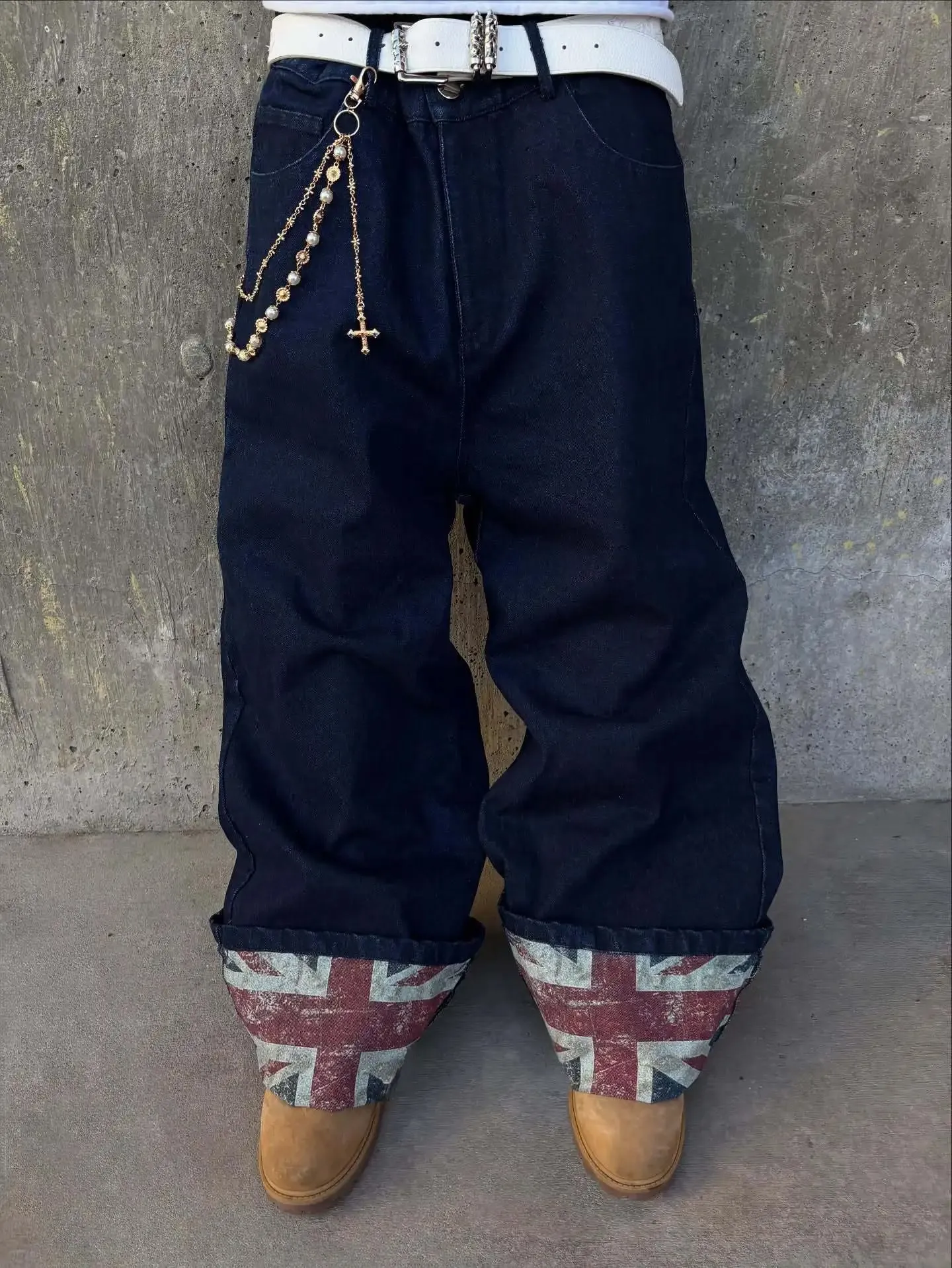 Y2K Skate Style Dark Blue Jeans UK Flag Printed Cuffed Hem Loose Wide Leg Denim Pants Streetwear