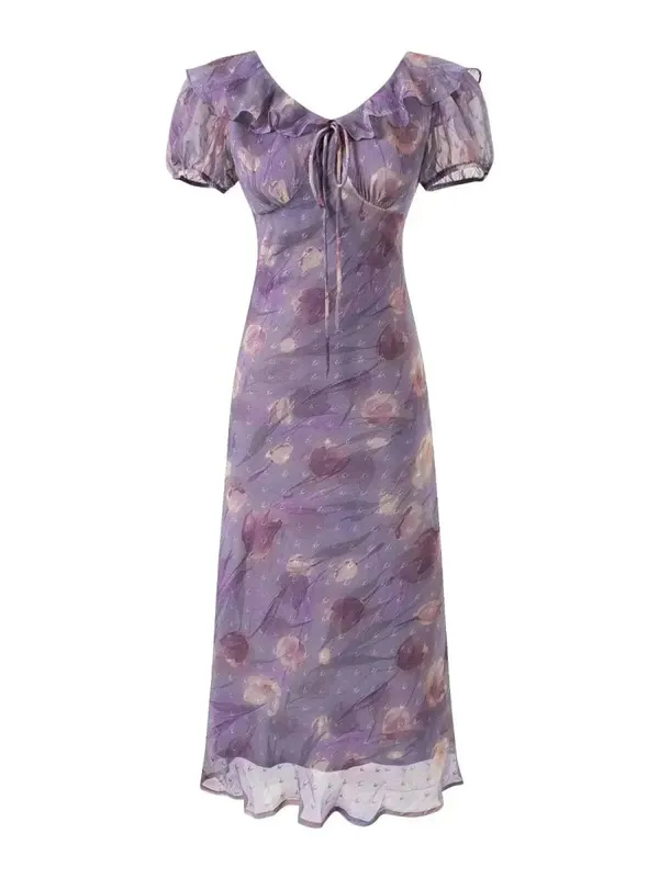 Chu Sau beauty Damen Neue Mode Süße Polka Dot Print Chic Rüschen Midikleid Französisch V-Ausschnitt Puffärmel Vintage Partykleider