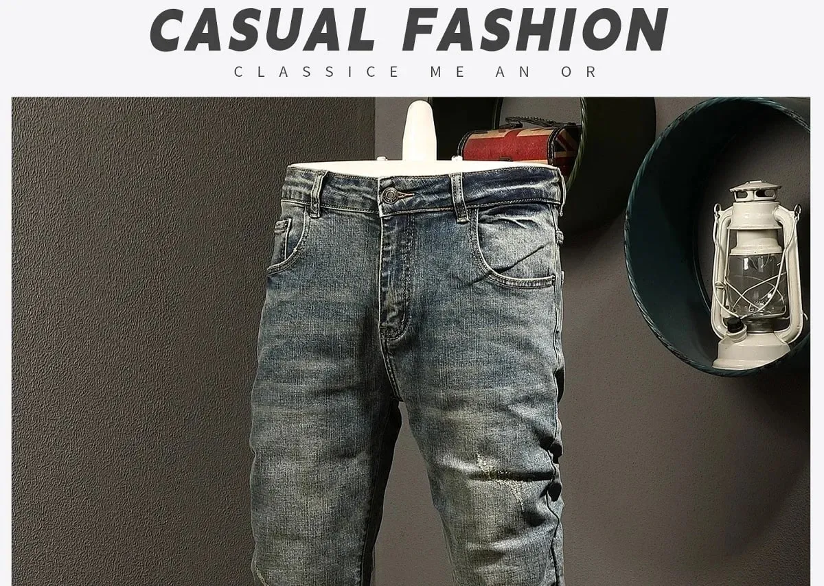 Classic minimalist retro blue jeans men's stretch slim fit 2025 autumn street fashion nostalgic small leg pants