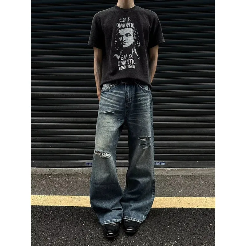 Herren-Jeans, Herrenhose, strapazierfähig, gewaschen, mit mehreren Taschen, Carpenter-Stil, gerade, lockere Denim-Hose, lässige Passform, High Street