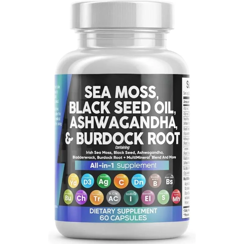 Sea Moss Kapsler indeholder sort frø gurkemeje og D-vitamin plantebaseret dagligt mineral alt i ét tilskud 60 antal pr. flaske