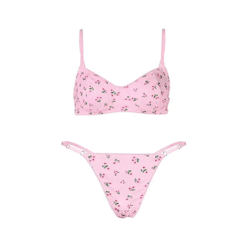 Women Cute Pink Ditsy Floral Wireless Bra Thong Set Adjustable Thin Spaghetti Straps Soft Daily Sleep Home Underwear Lingerie