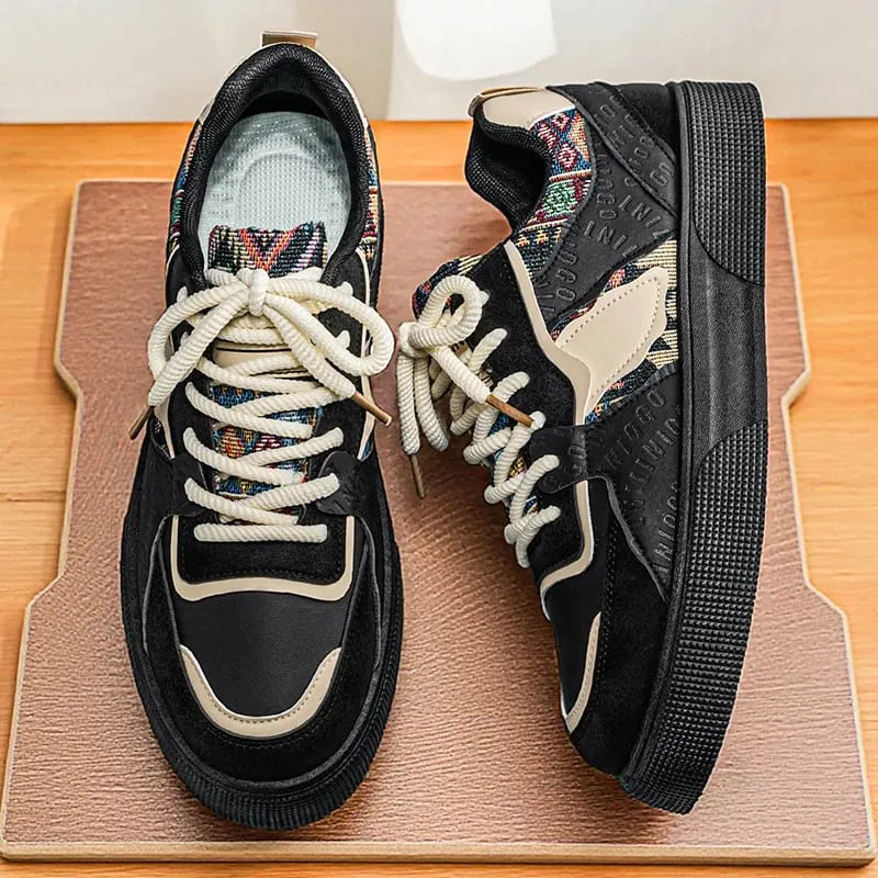Men's Vintage Patchwork Platform Sneakers - Ethnic Tribal Print Low-Top Casual Shoes Retro Fashion Walking Sneakers for Men