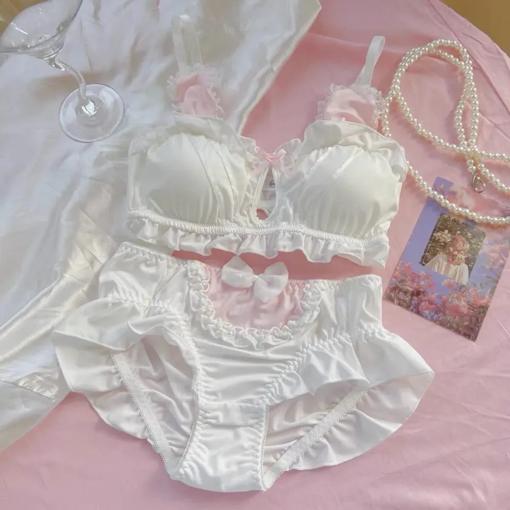 Japanese soft girl cute girl rabbit ears underwear small chest flat chest thin without steel ring triangle cup bra set 32-38AB