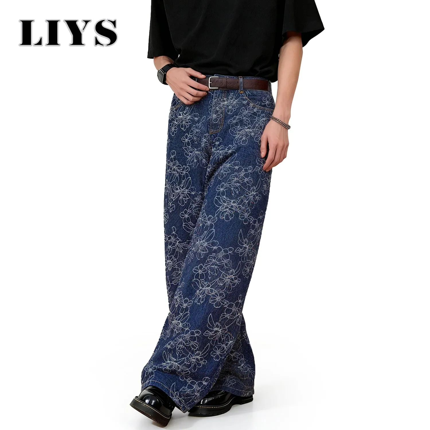 Japanese-Korean Style Floral Jacquard Baggy Wide-leg Jeans American Retro Floral Daily Casual Wide-leg Denim Pants Unisex