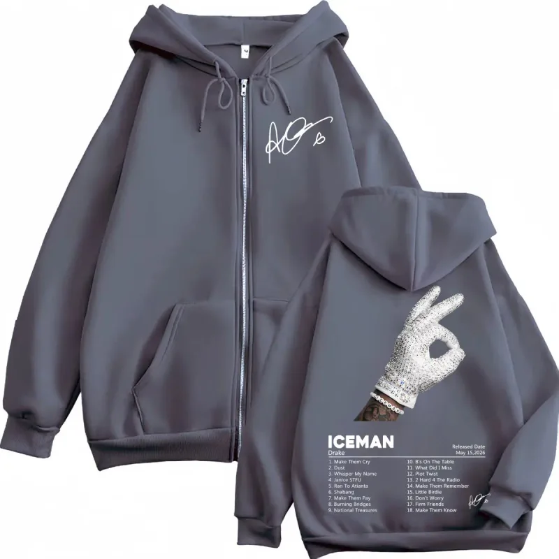 Rapper Drake Iceman Album Cover Print Zipper Hoodie Harajuku Hip Hop Style Zip Up Pullovers Men Women Casual Fashion Sweatshirts
