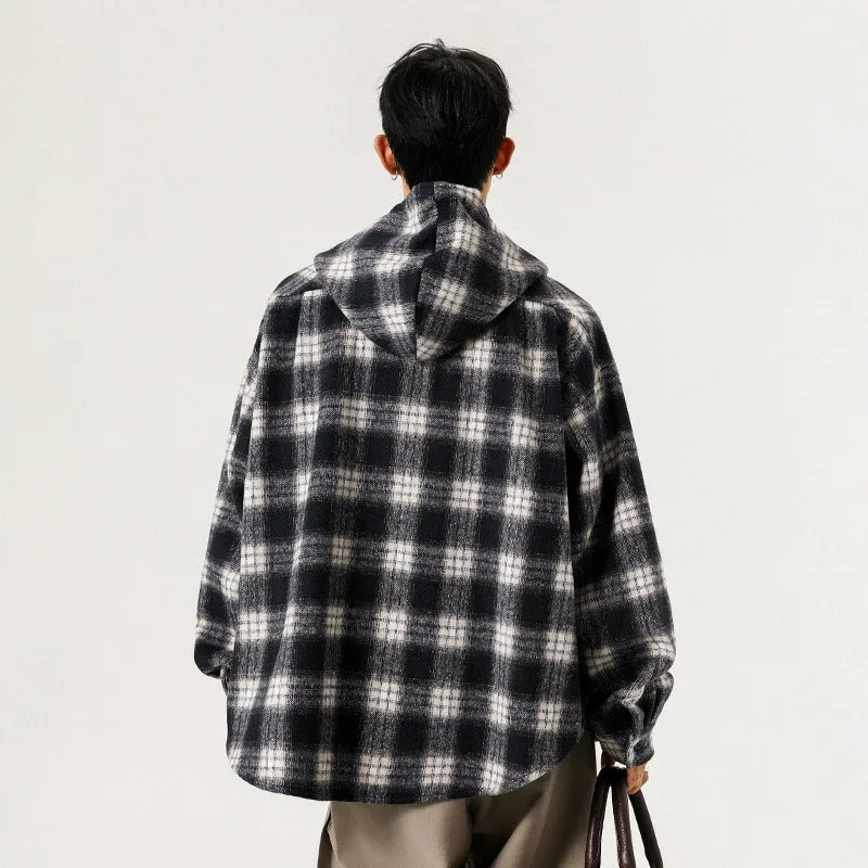 Y2K-Chaqueta holgadas de cuadros con capucha para hombre, cárdigan de talla grande a la moda, ropa de abrigo Vintage coreana, sudaderas con capucha de una botonadura