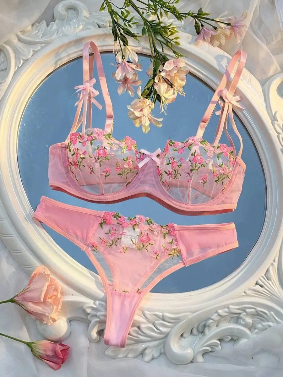 New Pink Transparent Bra Women Lingerie Set Ladies Embroidery Floral Bras Underwear Sets — image 3