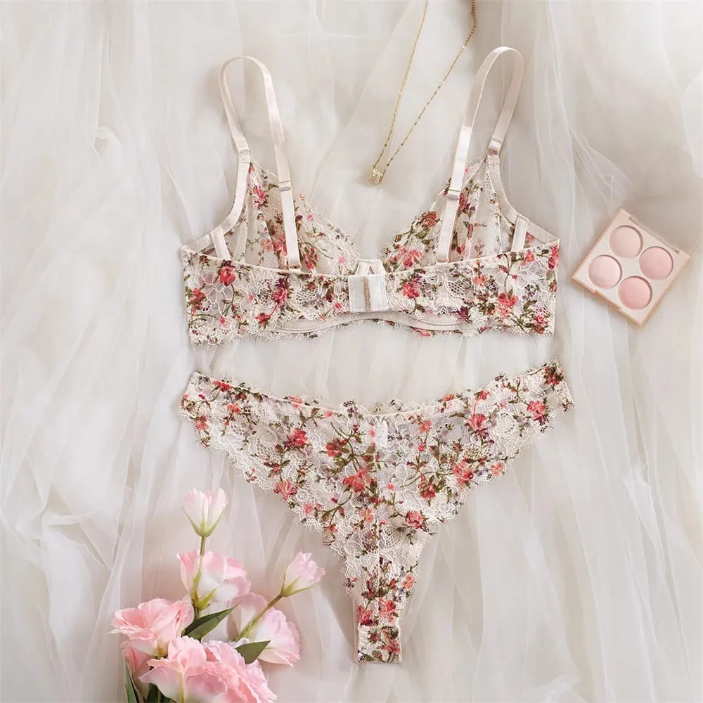 Krasapt francês flor bordado lingerie 2 peças conjuntos de renda extravagante retalhos ver através de sutiãs e calcinhas ternos sexy roupas eróticas