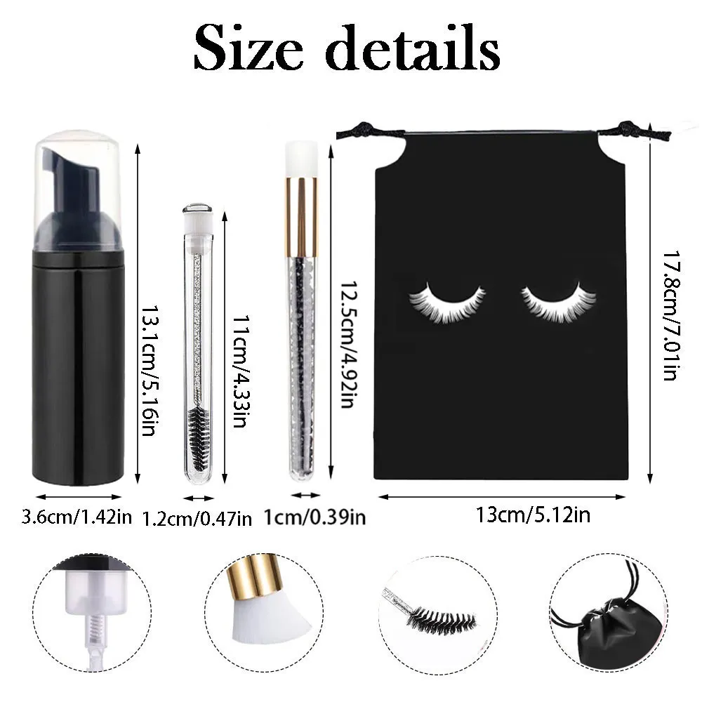 60ml Refillable Empty Plastic Pump Bottle Lash Extension Cleaning Kit Long Rod Brush Lash Curler Dust Tube EVA Storage Bag Tools