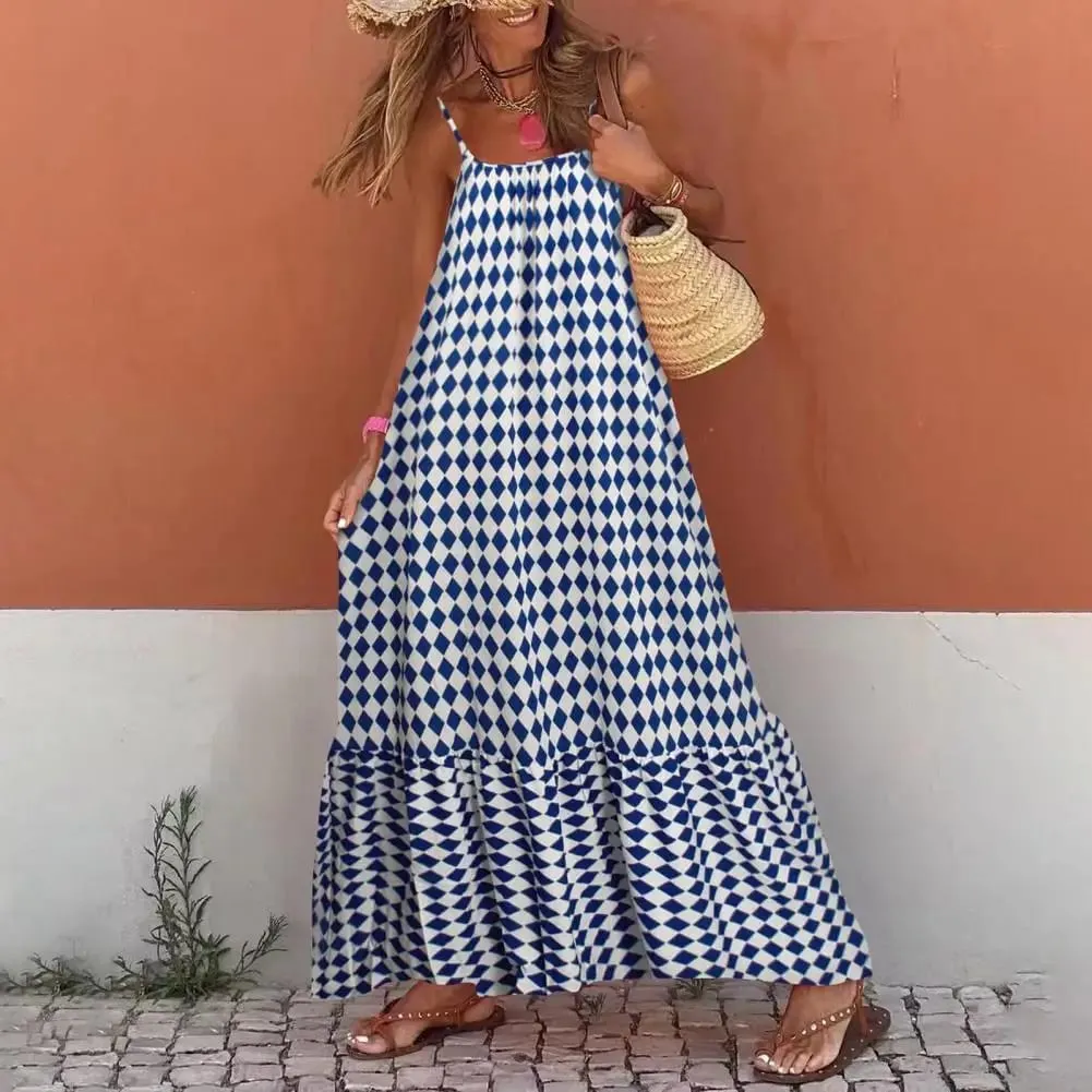 Women Bohemian Vest Dress Slipper Matching Dress Boho Floral Tiered Maxi Dresses for Women Summer Flowy Backless for Wardrobe
